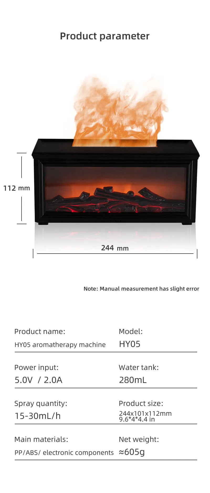 Simulated Fireplace Flame Diffuser & Humidifier with Essential Oils