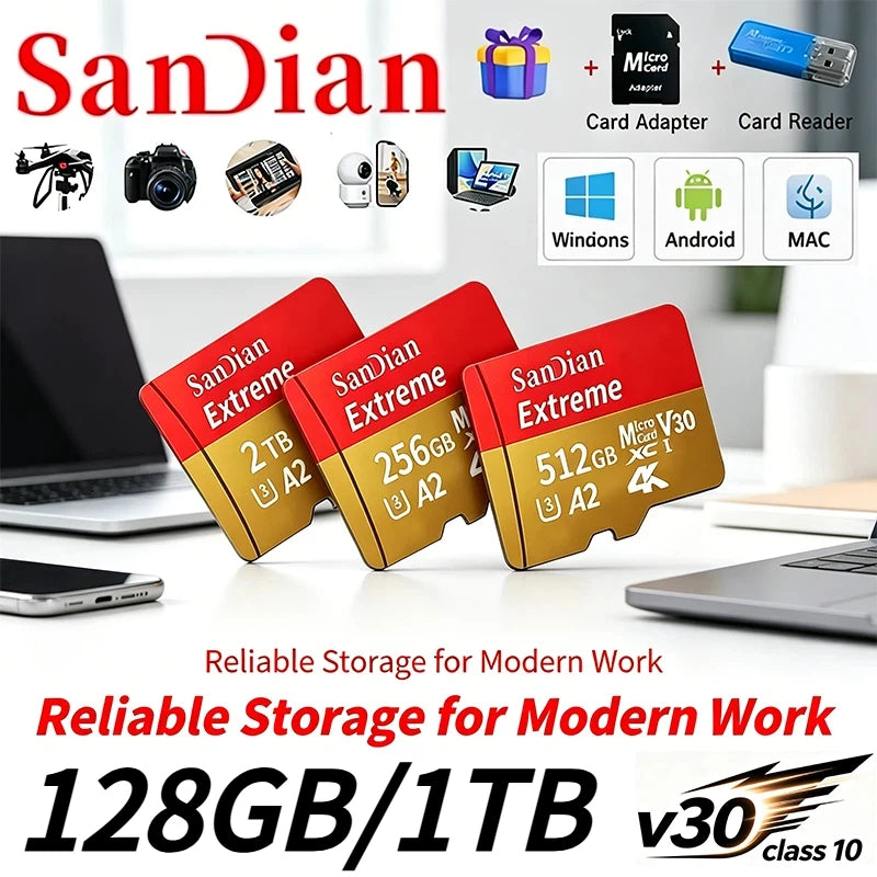 Original Micro TF Card V30 Class10 - 128GB, 256GB, 512GB Flash Memory for Surveillance, PC & Mac