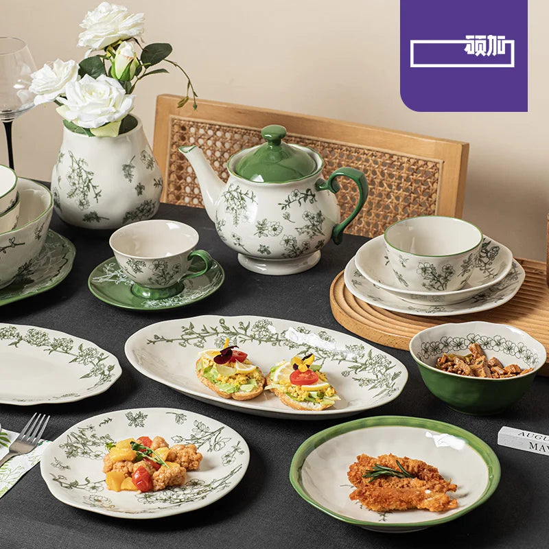 SOLECASA Floral Porcelain Dinnerware Set - Green Design