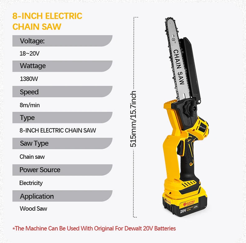 8-Inch 1380W Brushless Electric Chainsaw - Professional Pruning Saw for Dewalt 20V