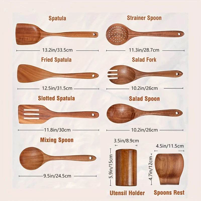 9-Piece Teak Wooden Cooking Utensil Set with Holder