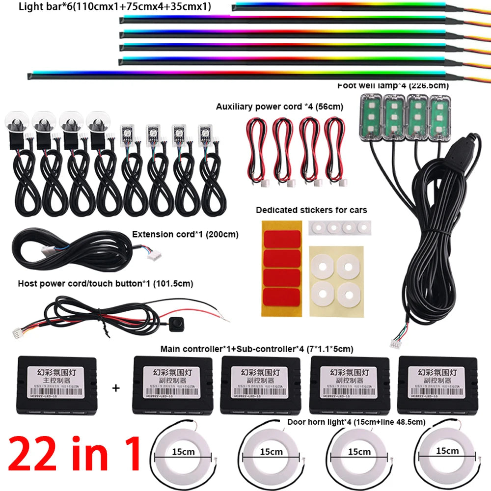 18-in-1 Car Interior RGB Ambient Light Kit - 64 Colors, App Controlled Symphony Lighting