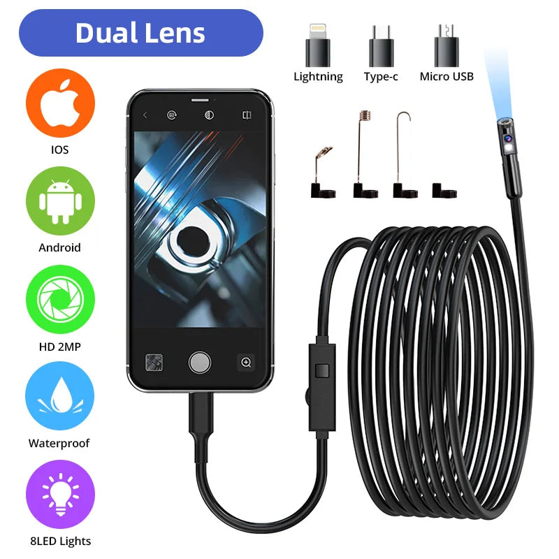 KERUI 2MP Industrial Endoscope Camera for iPhone - Single/Dual Lens Waterproof Inspection Borescope Type C