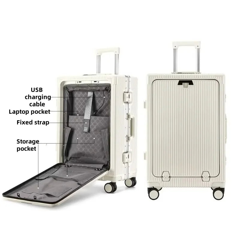 Vabena Front Opening USB Charging Aluminum Carry-on Suitcase