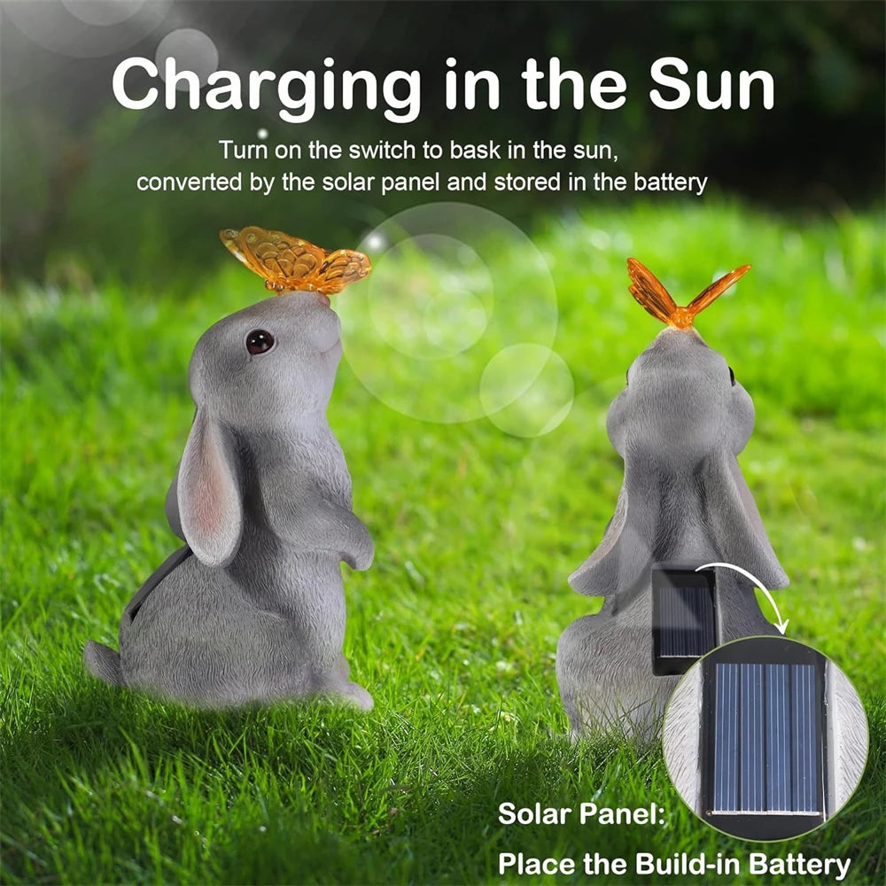 Solar Bunny Garden Statue with LED Butterfly Light - Outdoor Resin Decor