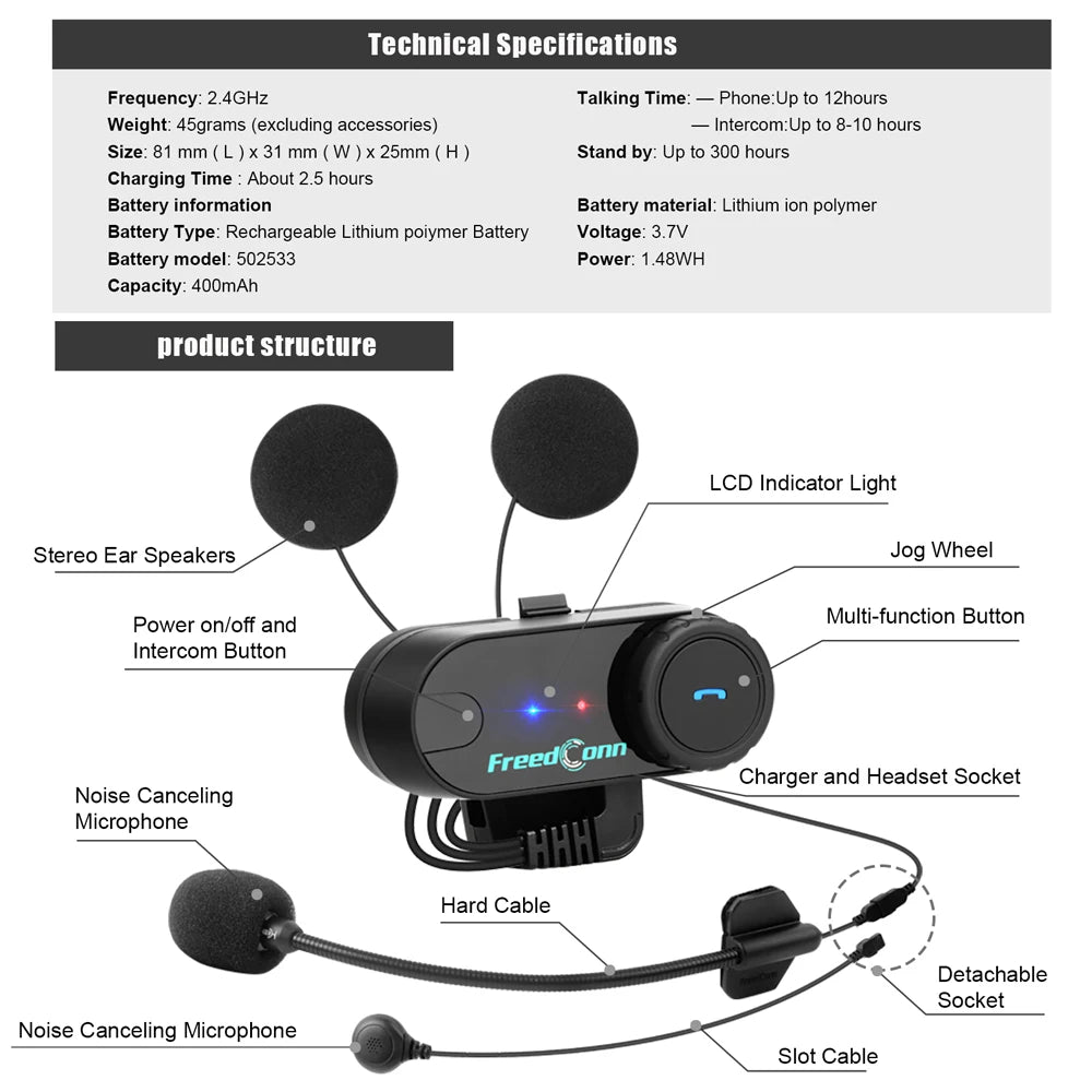 Freedconn T-Com VB Bluetooth Intercom | 6-Rider Motorcycle Headset & FM