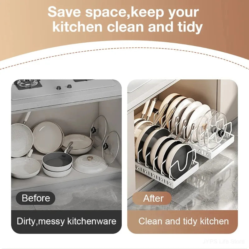 Kitchen Multifunctional Pull-Out Organizer for Pots, Pans, Lids, Spices & Dishes