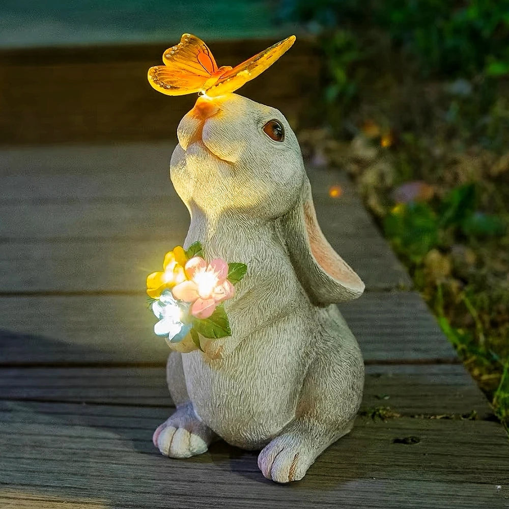 Enchanting Solar Bunny Garden Statue with LED Butterfly Light
