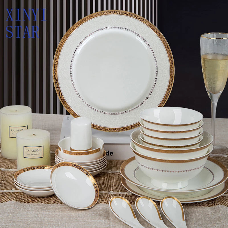 Luxury 58-Pc Gold Rim Bone China Dinnerware Set - Elegant Dining