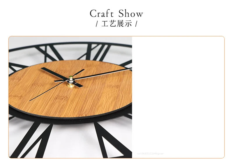 Nordic Retro 3D Large Wall Clock - Silent Roman Numerals Wood Metal Iron Decor