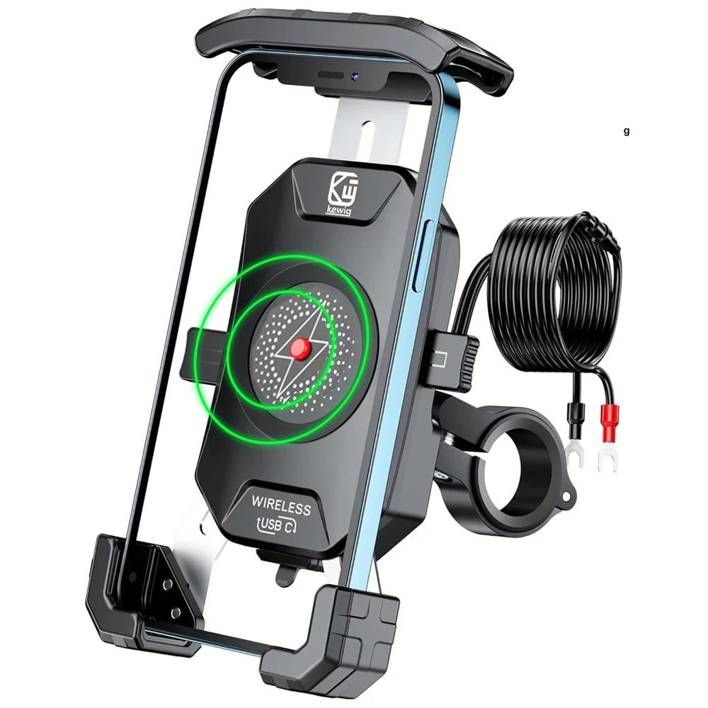 Motorcycle Phone Holder with Fast Wireless & USB Charging | Handlebar & Mirror Mount
