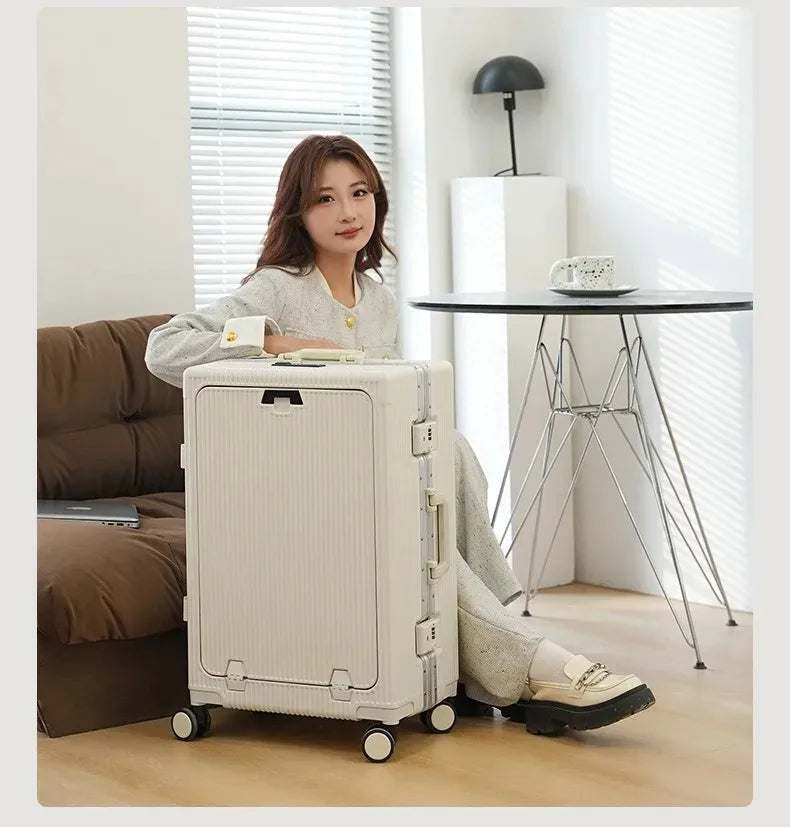 Vabena Front Opening USB Charging Aluminum Carry-on Suitcase