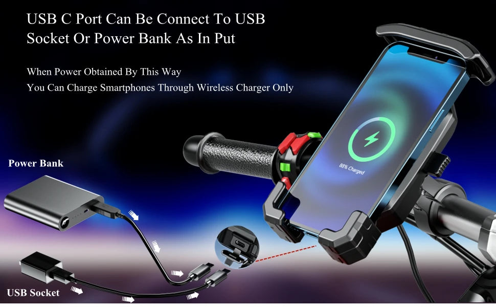 Motorcycle Phone Holder with Fast Wireless & USB Charging | Handlebar & Mirror Mount