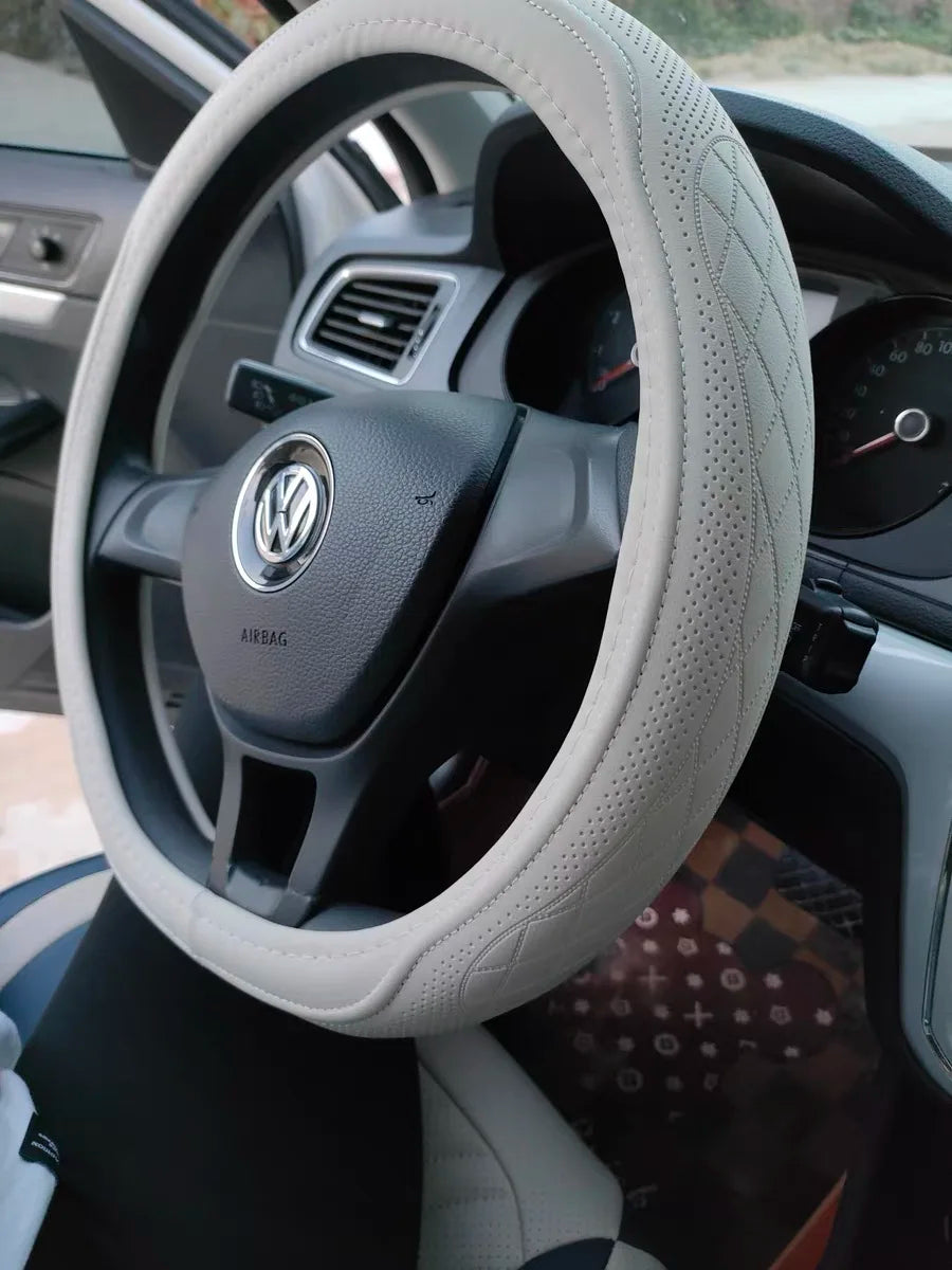 Vabena Napa Leather Perforated Patchwork Steering Wheel Cover Universal 15-inch