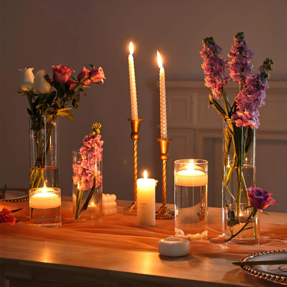 Clear Glass Cylinder Vase & Hurricane Candle Holder Set (4/6/8 Inch) - Home & Wedding Decor