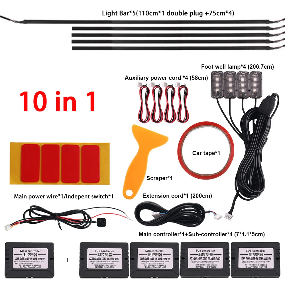 18-in-1 Car Interior RGB Ambient Light Kit - 64 Colors, App Controlled Symphony Lighting