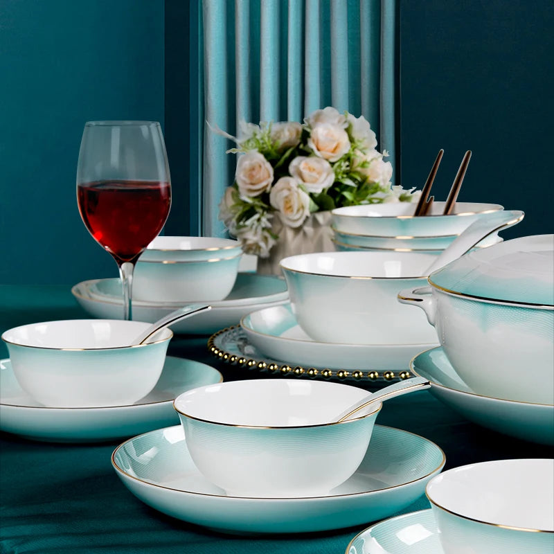 Vabena 80pcs Nordic Gold Rim Luxury Bone China Dinnerware Set