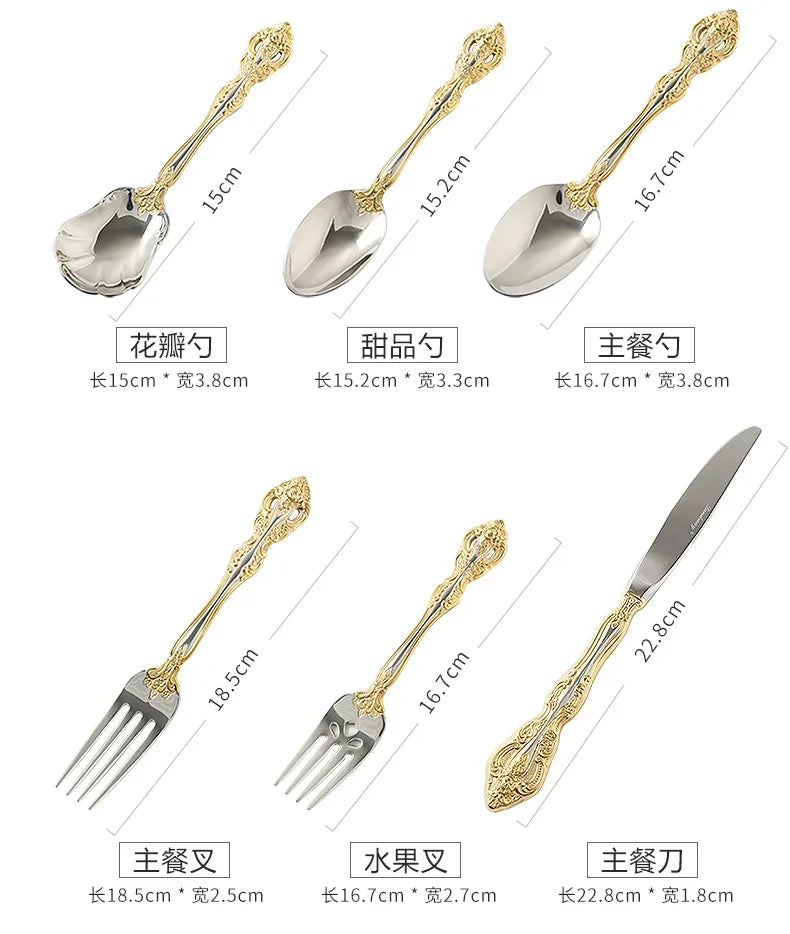 Luxury Retro Gold Silverware Set | 5-Piece 304 Stainless Steel Cutlery