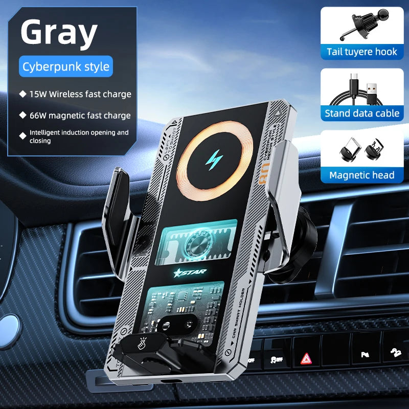Smart Sensing Car Phone Mount | 15W Wireless & 66W Fast Charging Auto Clamping Holder