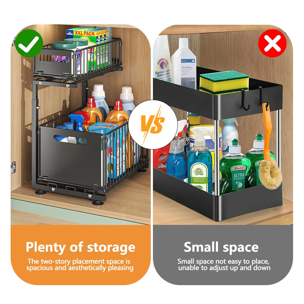 2-Tier Pull-Out Cabinet Organizer - Adjustable Under Sink Storage & Spice Rack