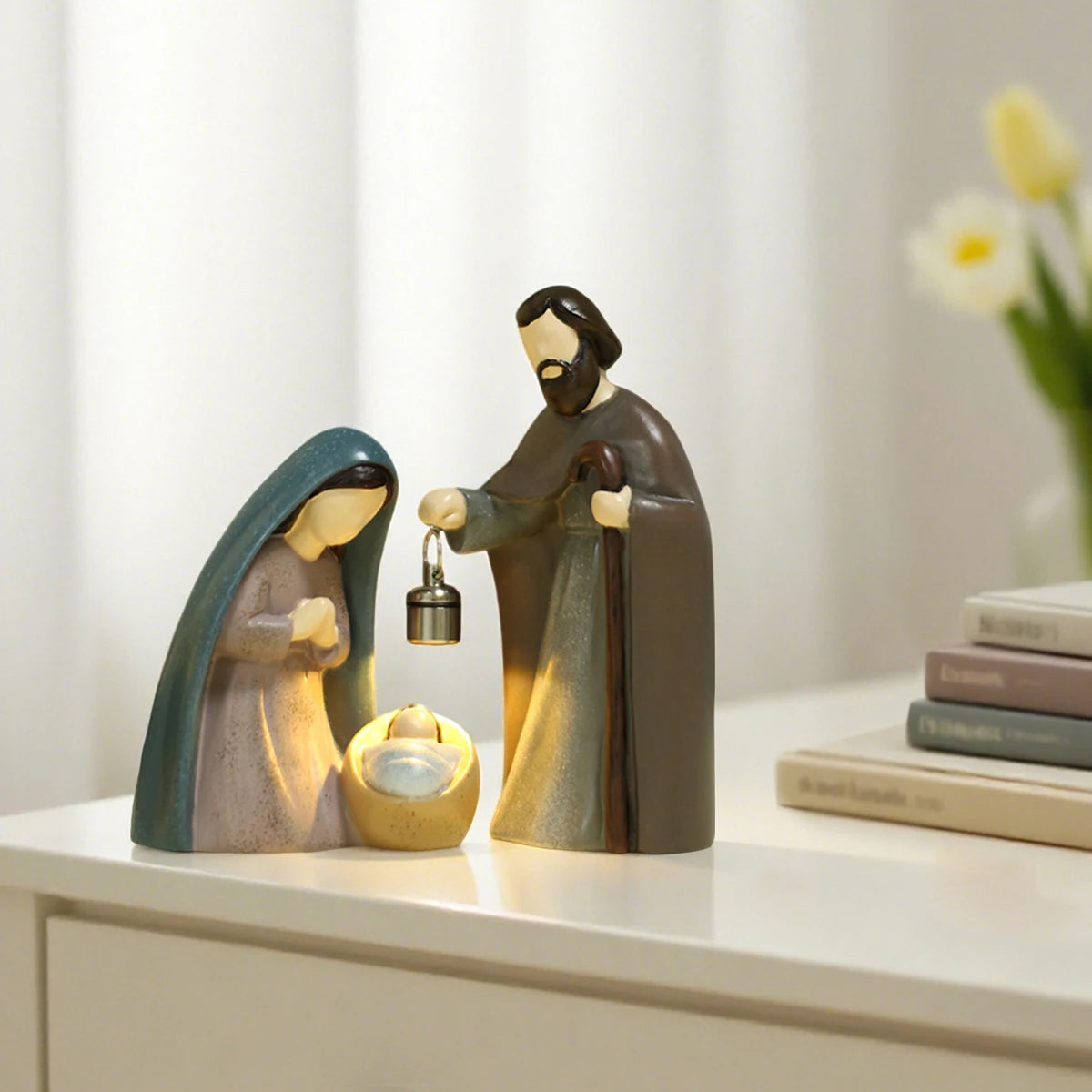 Luminous Christmas Nativity Scene Ornament - 2-Piece Resin Set