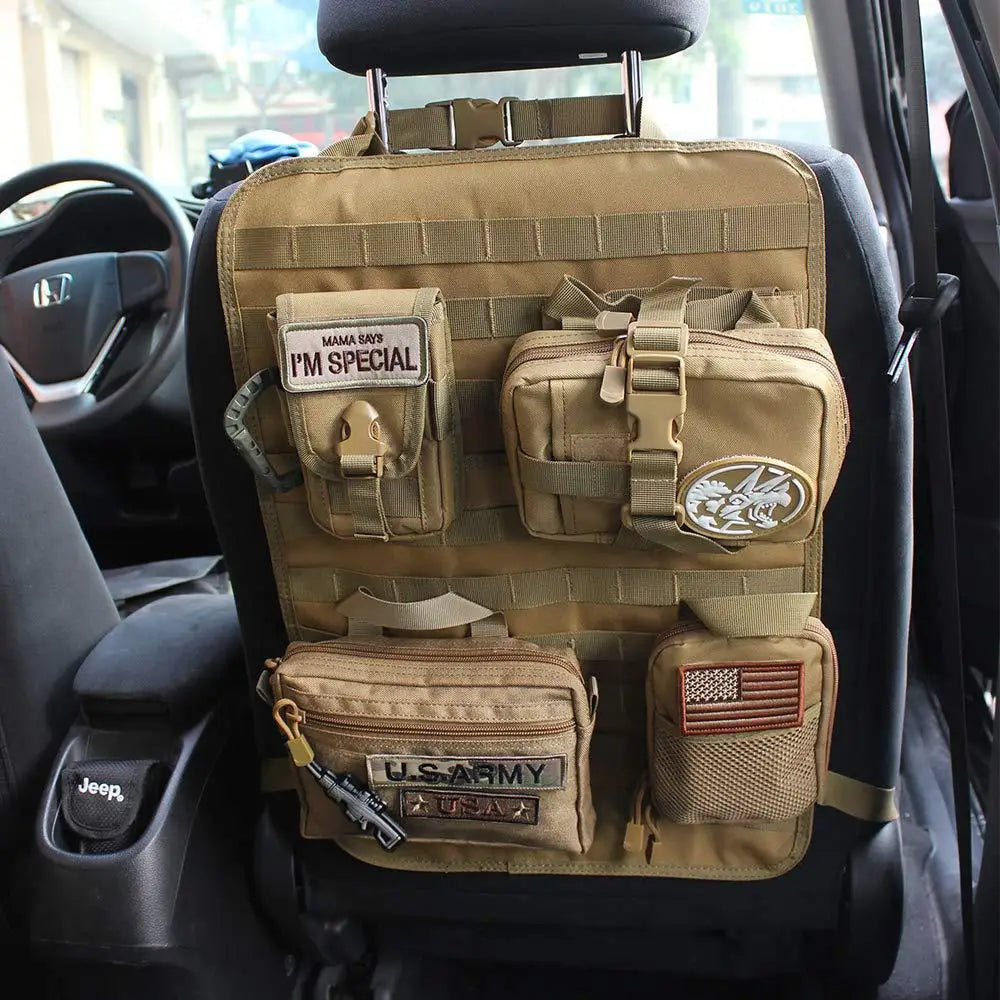 Tactical Car Seat Organizer - Universal Molle Panel with 5 Detachable Pouches