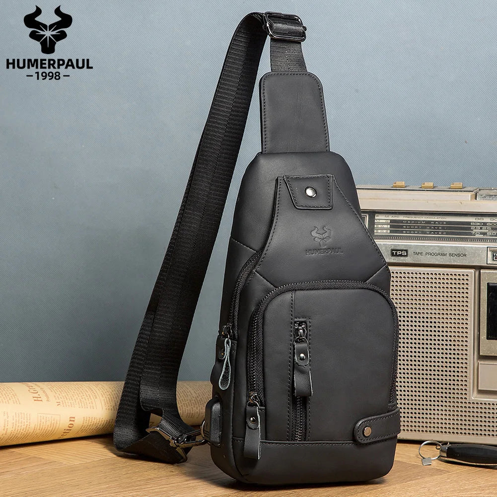 HUMERPAUL Men's Genuine Leather USB Crossbody Chest Bag - Travel & Fashion