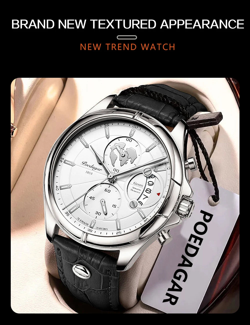 POEDAGAR Luxury Chronograph Watch for Men - Waterproof, Leather Strap, Date