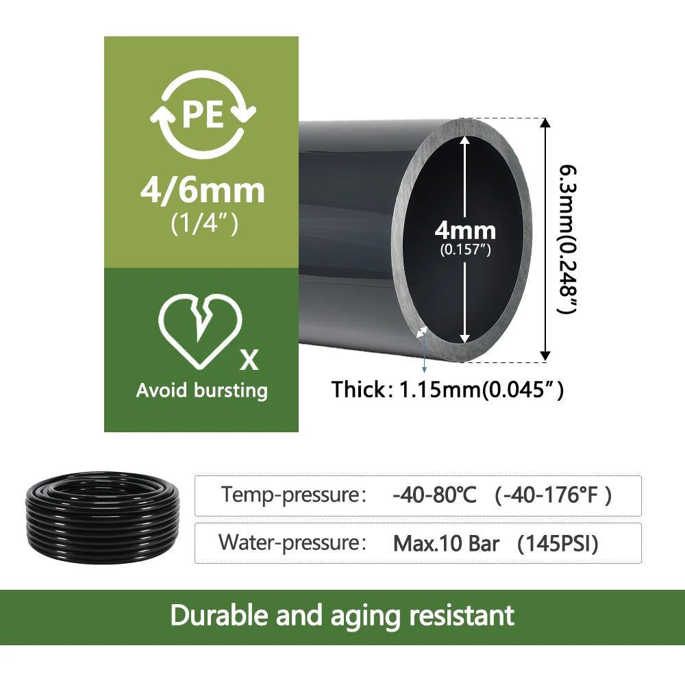 Vabena Black PE Drip Irrigation Pipe 1/4" 3/8" OD 6-12mm – Pressure Proof Garden Hose