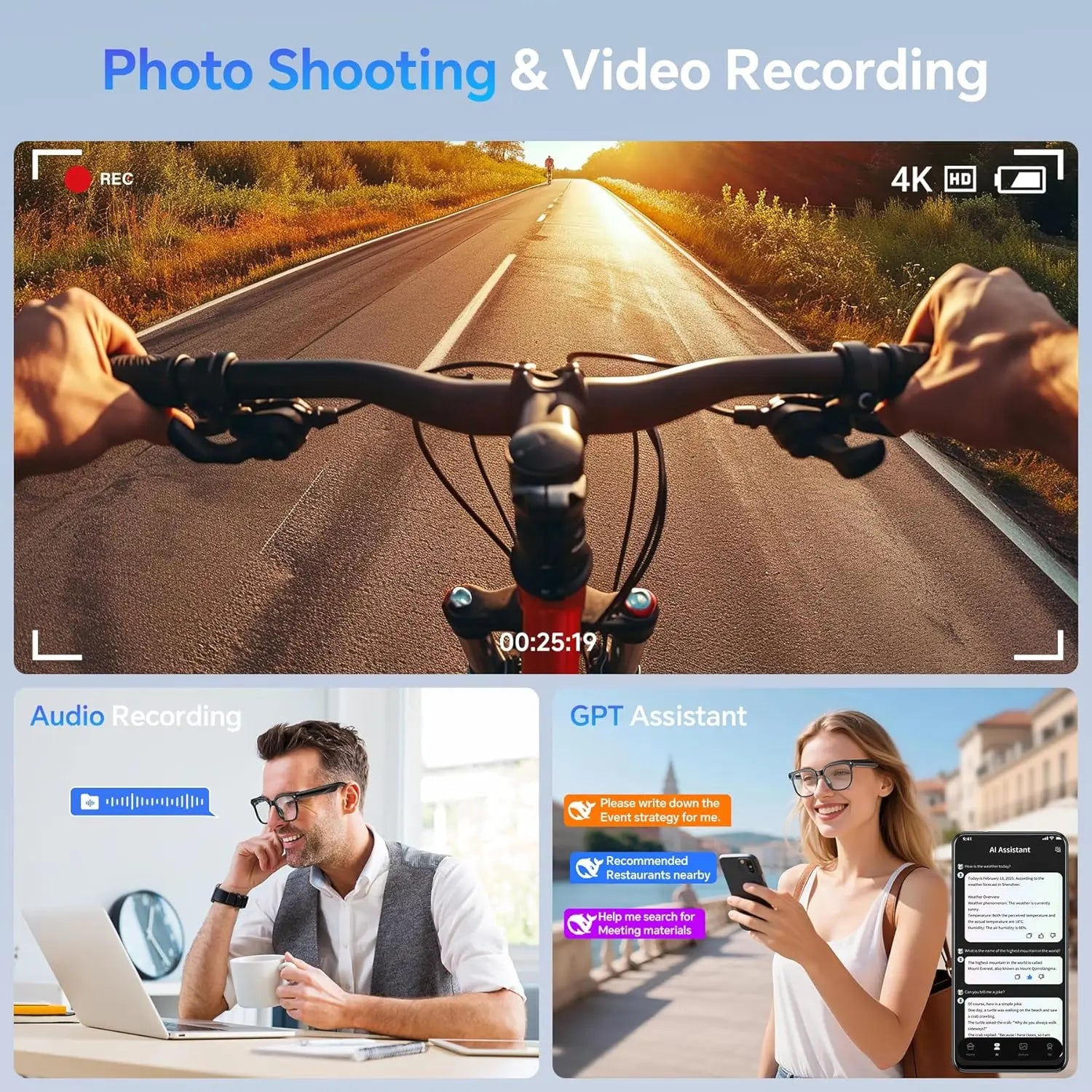 2026 Smart AI Glasses 1080P HD Video Camera ChatGPT Bluetooth Music Translation Sunglasses for Men