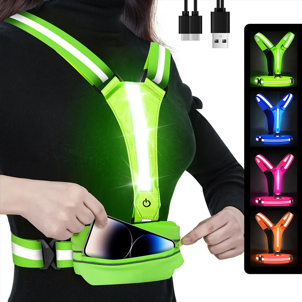 Vabena LED Reflective Running Vest - USB Rechargeable & Waterproof Phone Pouch