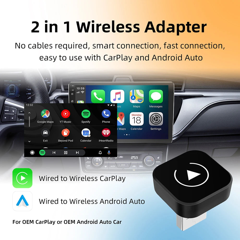 2in1 Wireless CarPlay & Android Auto Adapter | AI Smart Box for Cars