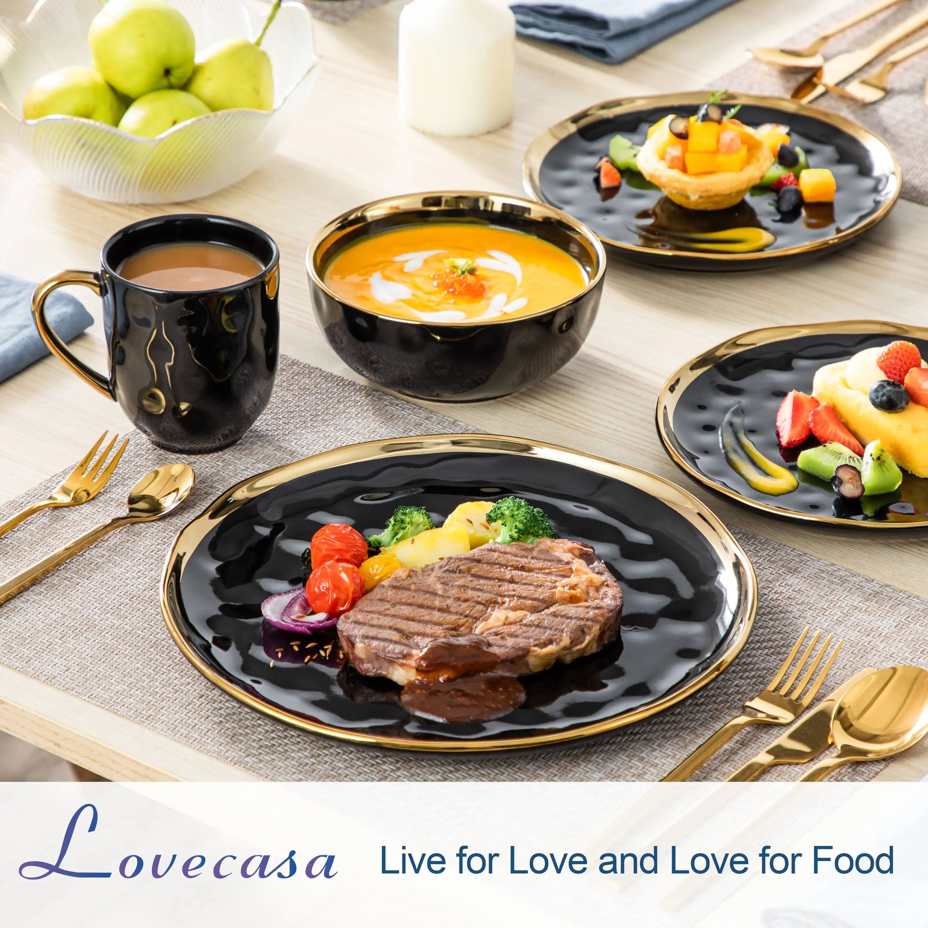 LOVECASA 16/32-Piece Black Porcelain & Gold Dinnerware Set