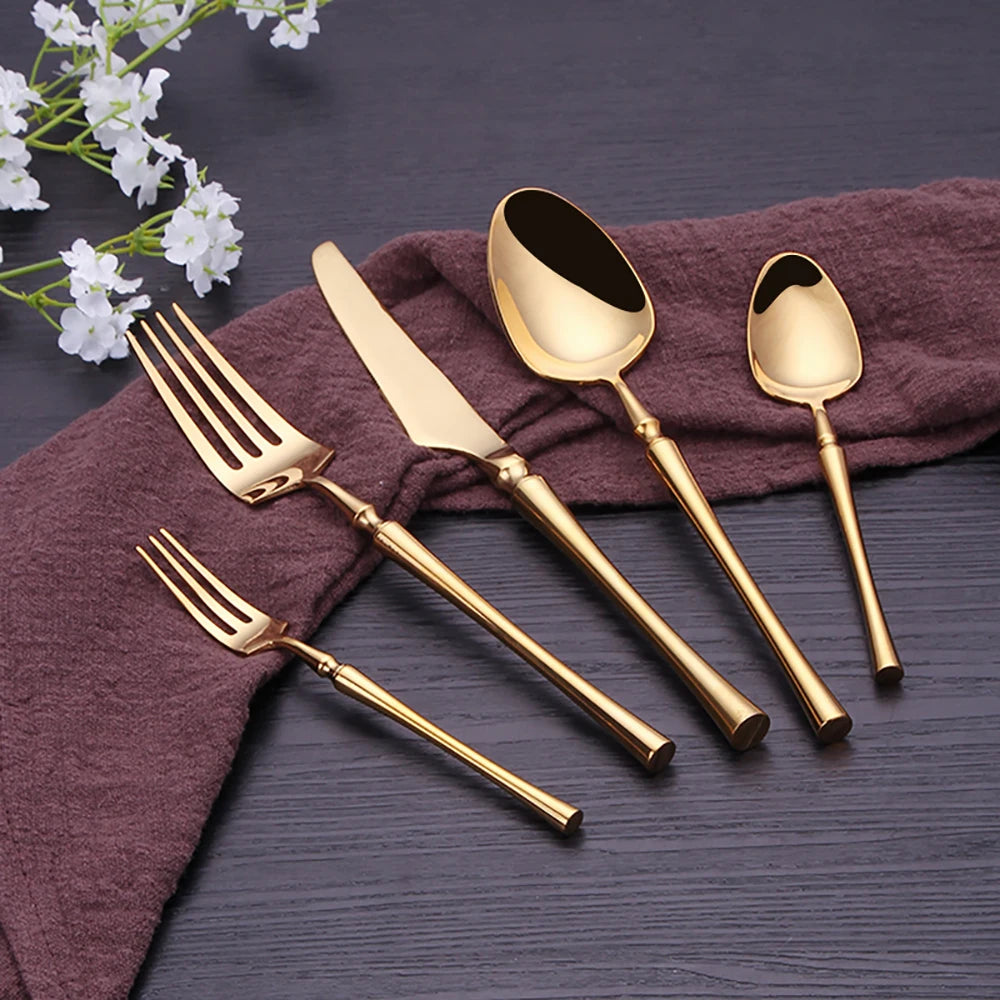 Elegant Gold Cutlery Set | Stainless Steel Dinnerware (10-30 Pcs)