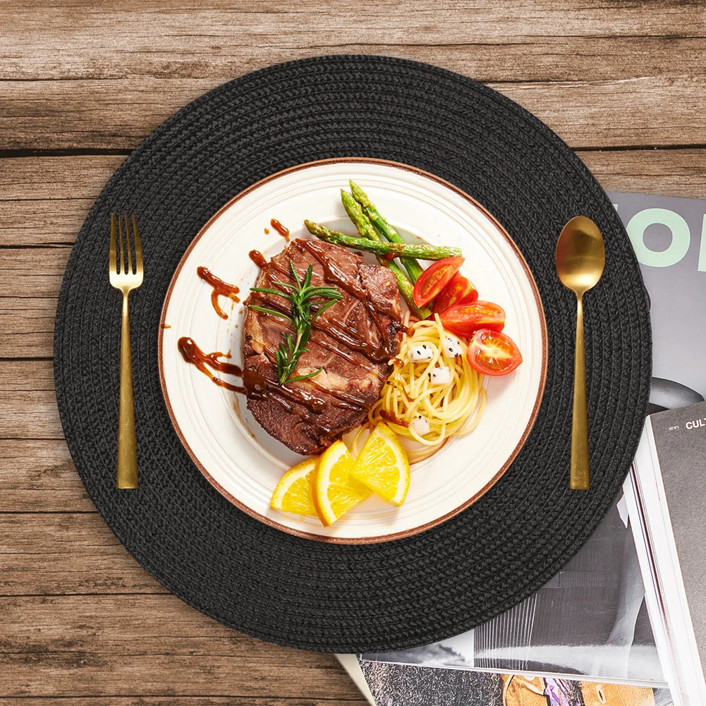Set of 12 Round Braided Placemats & Coasters | Washable, Heat Resistant & Non-Slip