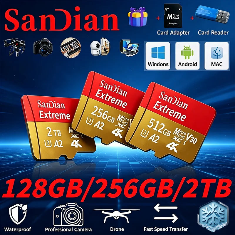 Original Micro TF Card V30 Class10 - 128GB, 256GB, 512GB Flash Memory for Surveillance, PC & Mac