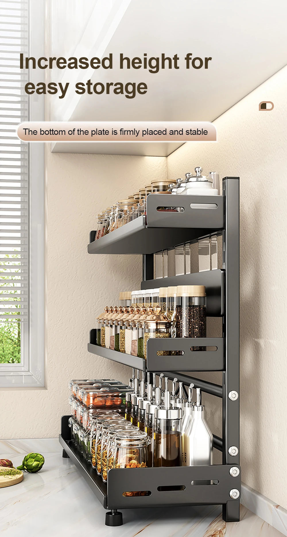 3 Tier Adjustable Spice Rack - Countertop & Cabinet Kitchen Organizer