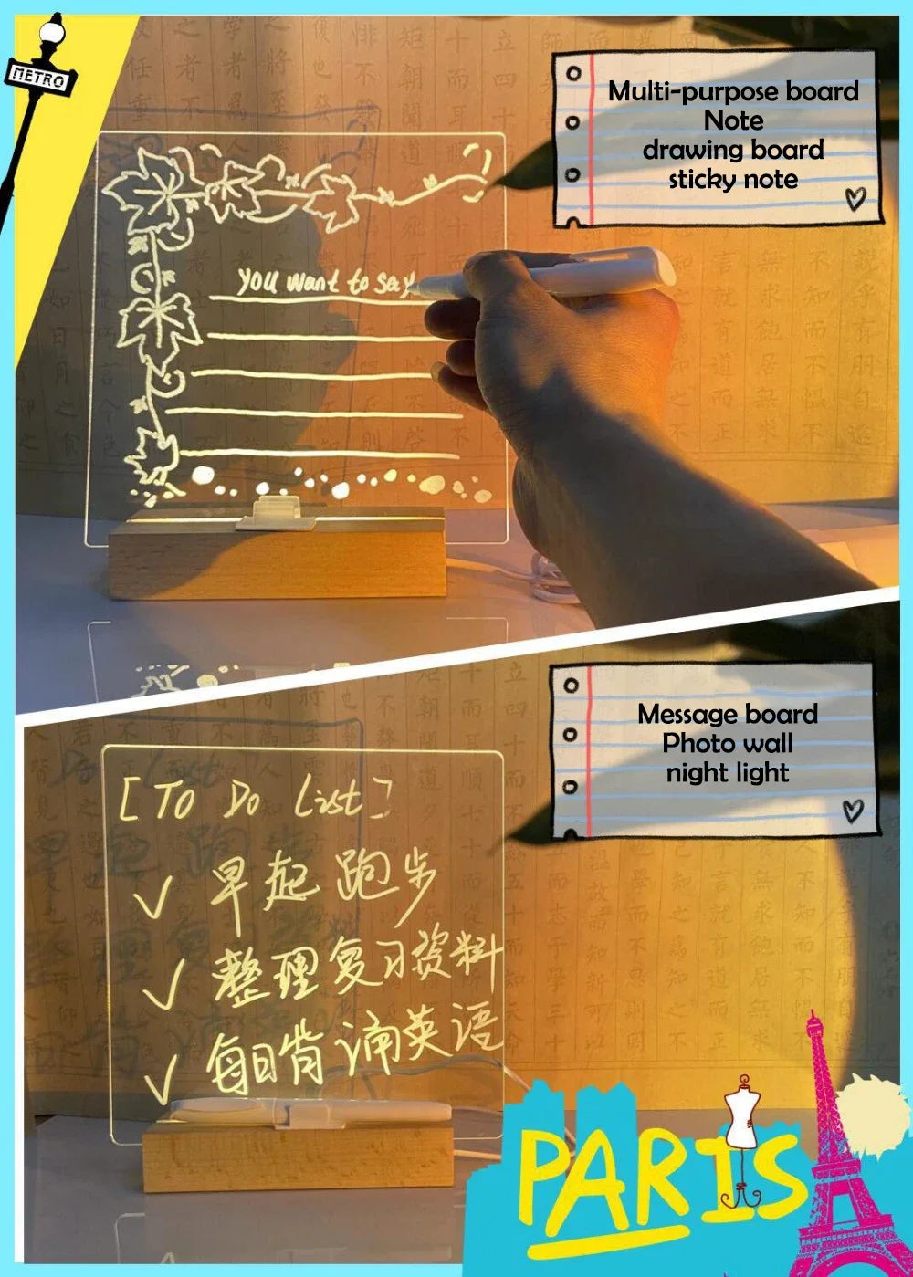 LED Note Board & Night Light | RGB Erasable Drawing Board for Kids