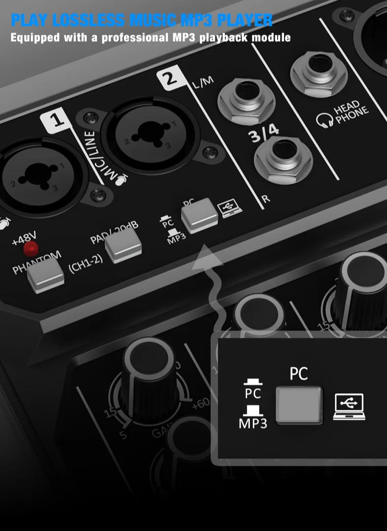 4-Channel Bluetooth Audio Mixer Console with 48V Phantom Power for USB Computer & Karaoke