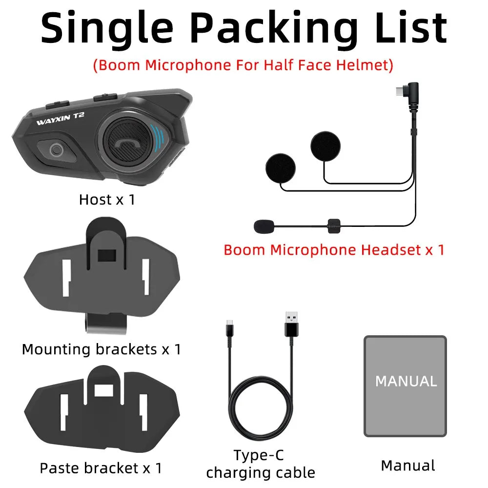 WAYXIN T2 Motorcycle Bluetooth Intercom - 2 Rider, 300M, BT 5.1, Waterproof Headset