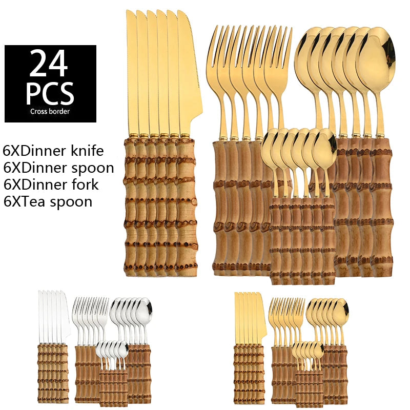 24Pcs Bamboo Handle Stainless Steel Cutlery Set - Natural Flatware