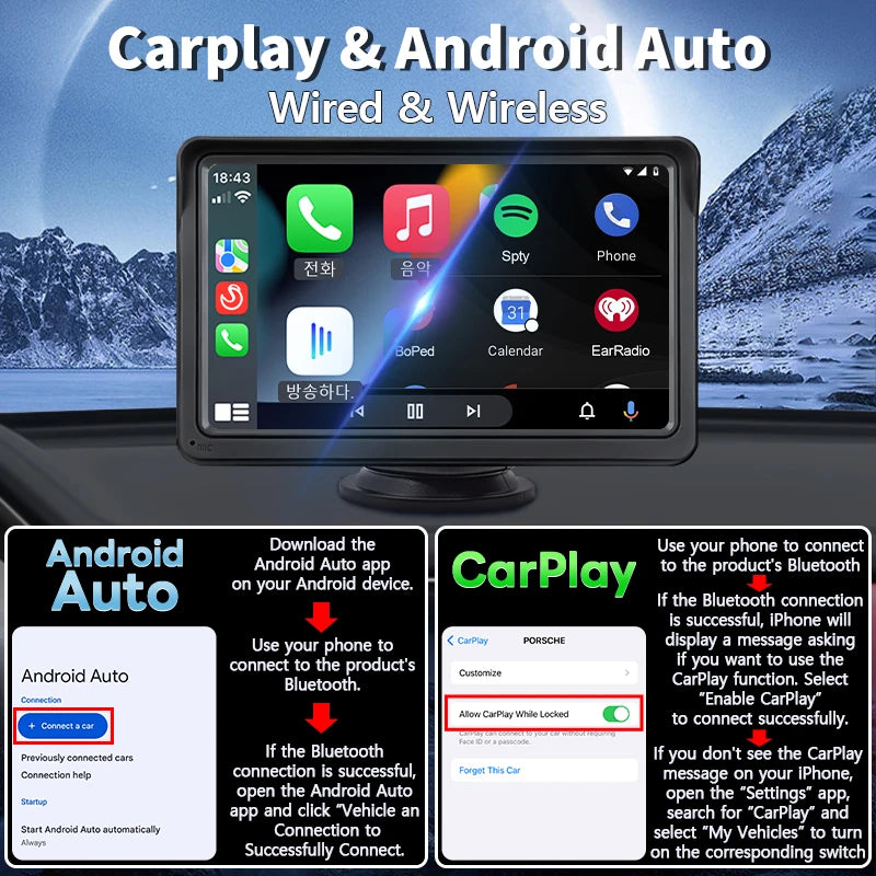 Hippcron 7inch Wireless CarPlay Android Auto Portable Car Radio