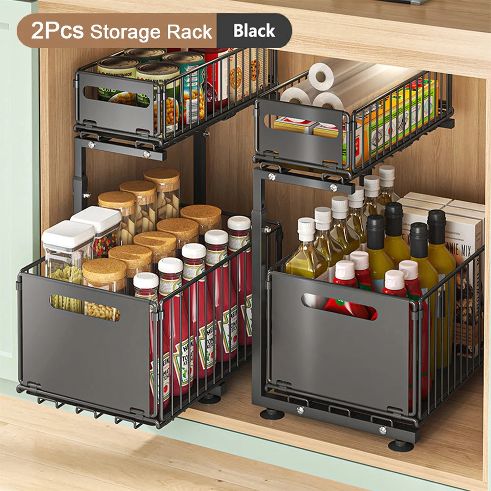 2-Tier Pull-Out Cabinet Organizer - Adjustable Under Sink Storage & Spice Rack