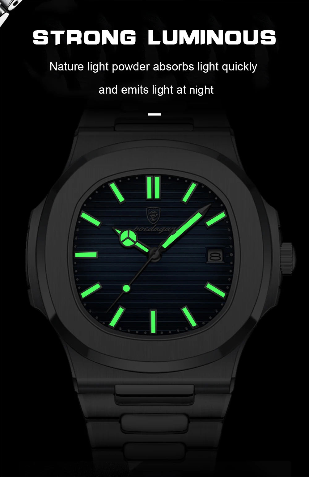 POEDAGAR Men's Square Luxury Quartz Watch - Waterproof, Luminous Date, Stainless Steel for Business & Sport