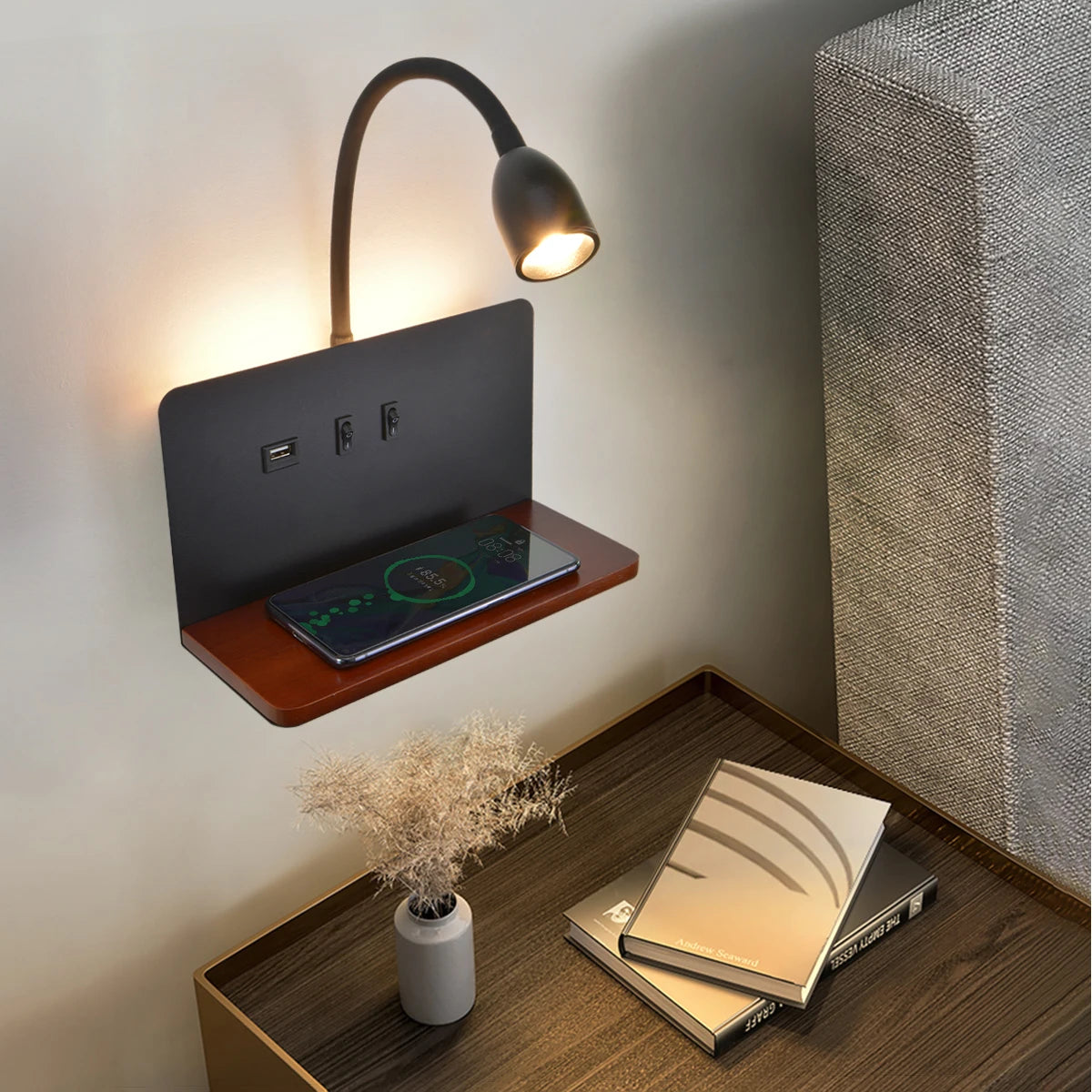 Modern 360° Rotatable LED Wall Lamp with USB & Wireless Charging for Bedside