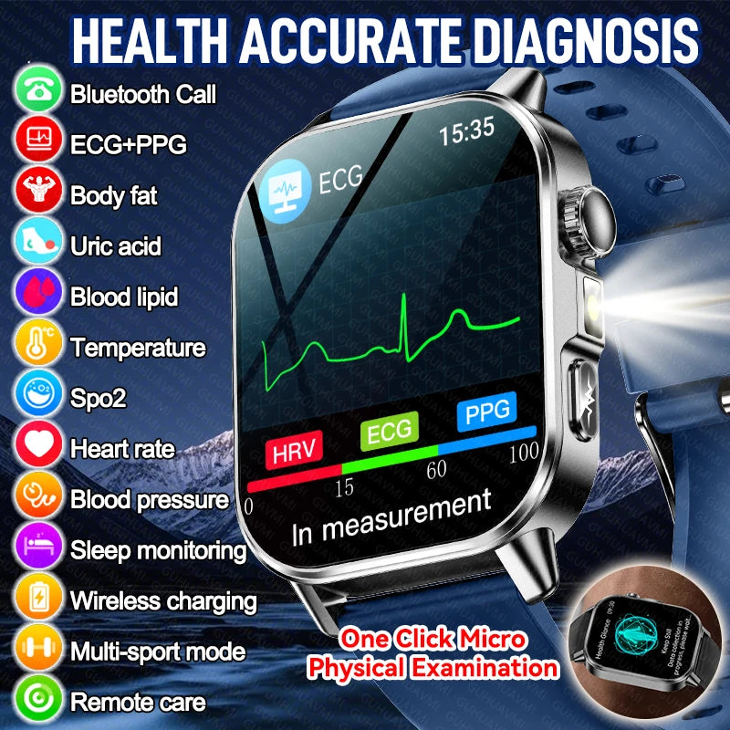 Vabena Men's ECG Smartwatch: Accurate Health Diagnosis with Blood Pressure, Oxygen, Fat, Uric Acid & Temp Monitoring
