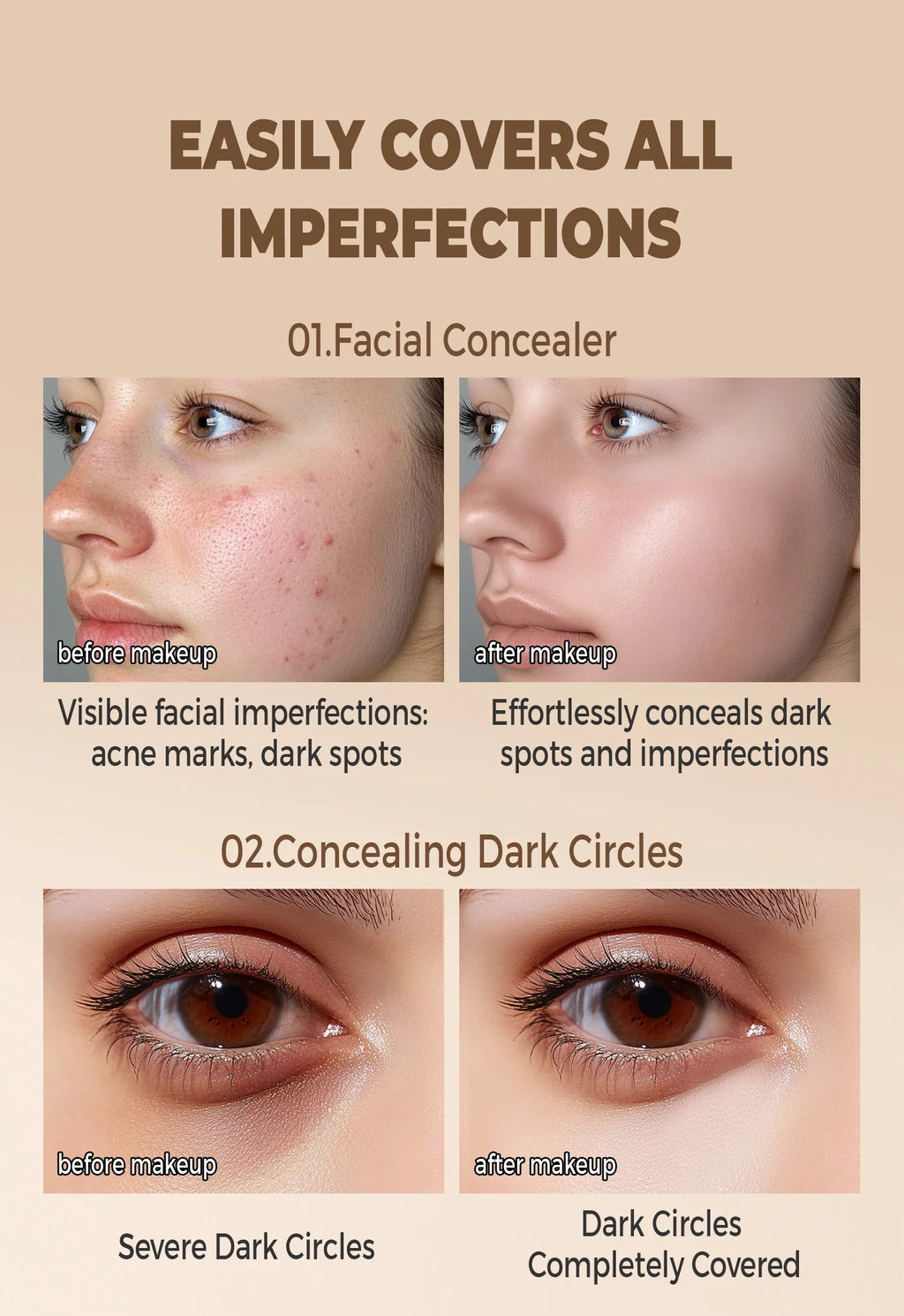 Hydrating Eye Brightening Concealer & Contour Cream - Full Coverage, Long-Lasting Makeup