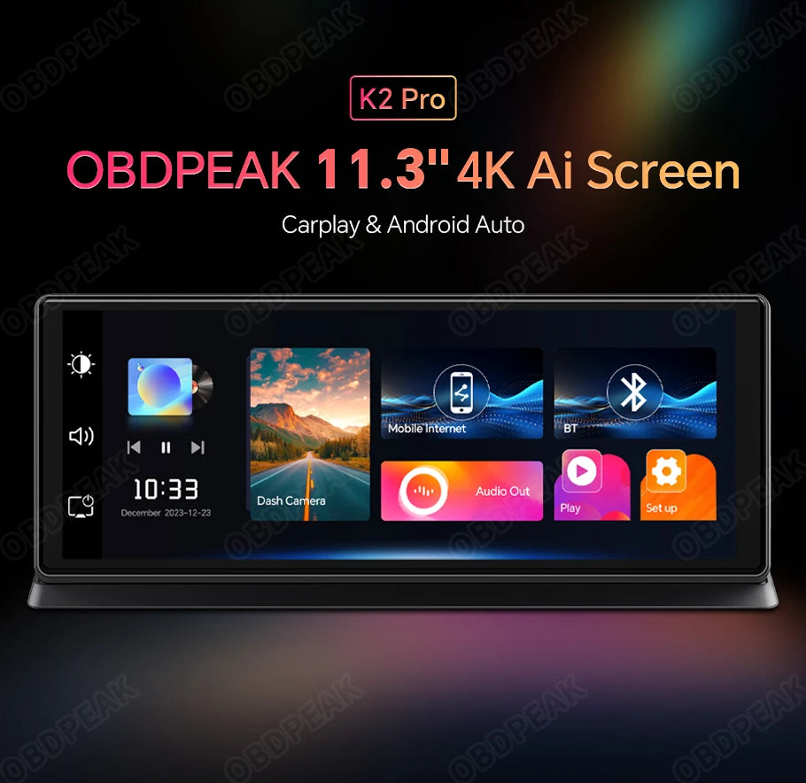 K2 Pro 11.3" 4K Wireless CarPlay Android Auto Dash Cam with GPS & Dual Lens