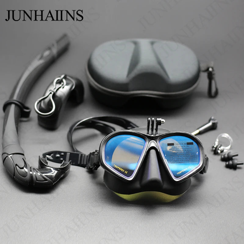 Low Volume Freedive Mask & Snorkel Set with Camera Mount - Tempered Glass Black