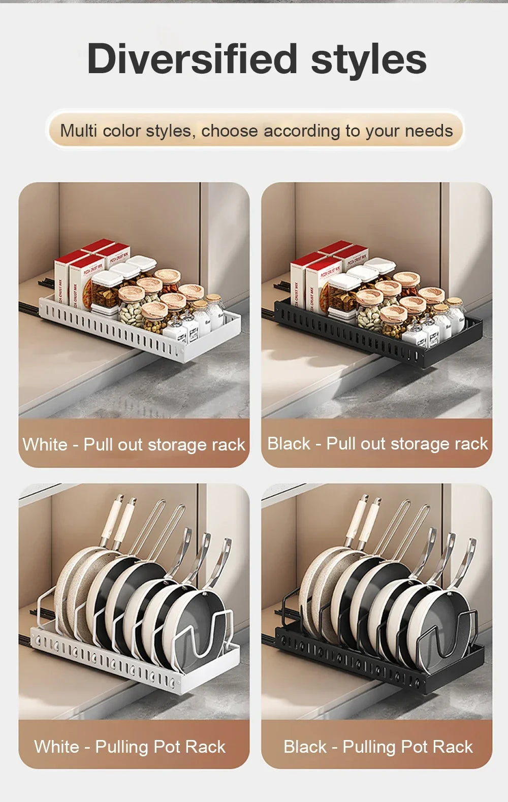 Kitchen Multifunctional Pull-Out Organizer for Pots, Pans, Lids, Spices & Dishes